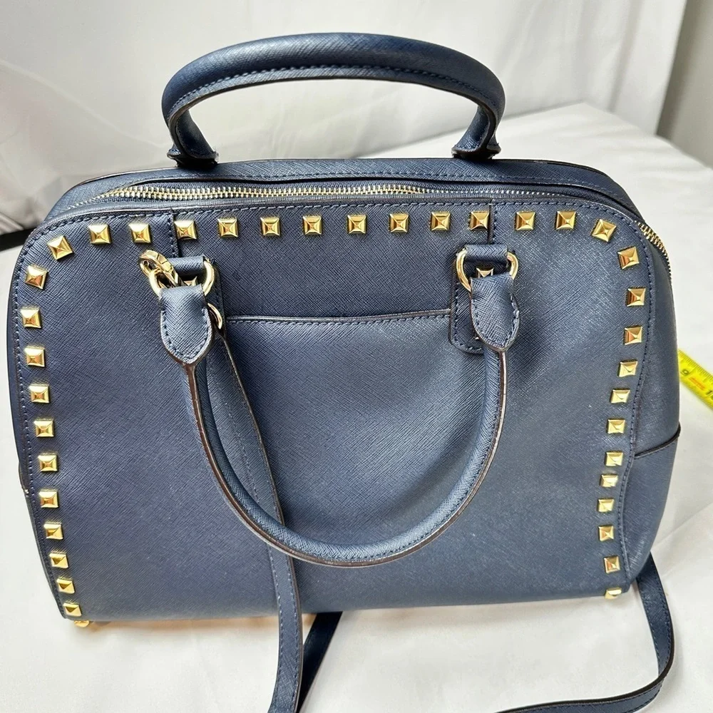 Michael Kors Large TZ SELMA STUD Satchel Bag NAVY Blue Saffiano Leather